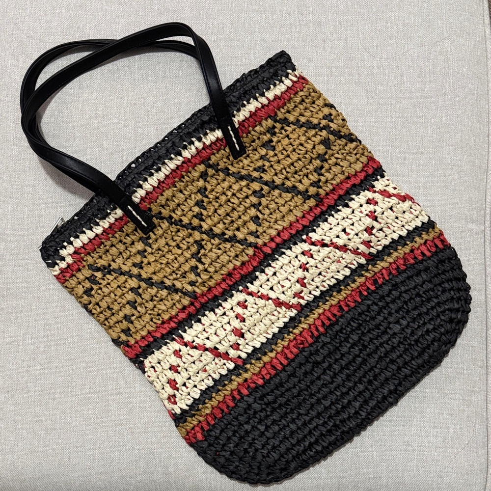 NWOT Woven Natural Material Bag-Black/Brown/Red/Cream-Faux Leather Straps-Lined